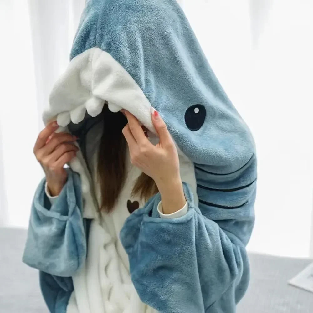 Funny Shark Onesie Pajamas, Hooded Wearable Blanket Costume, Oversized Plush Fleece Adult Loungewear, Cozy Couples Matching Gift