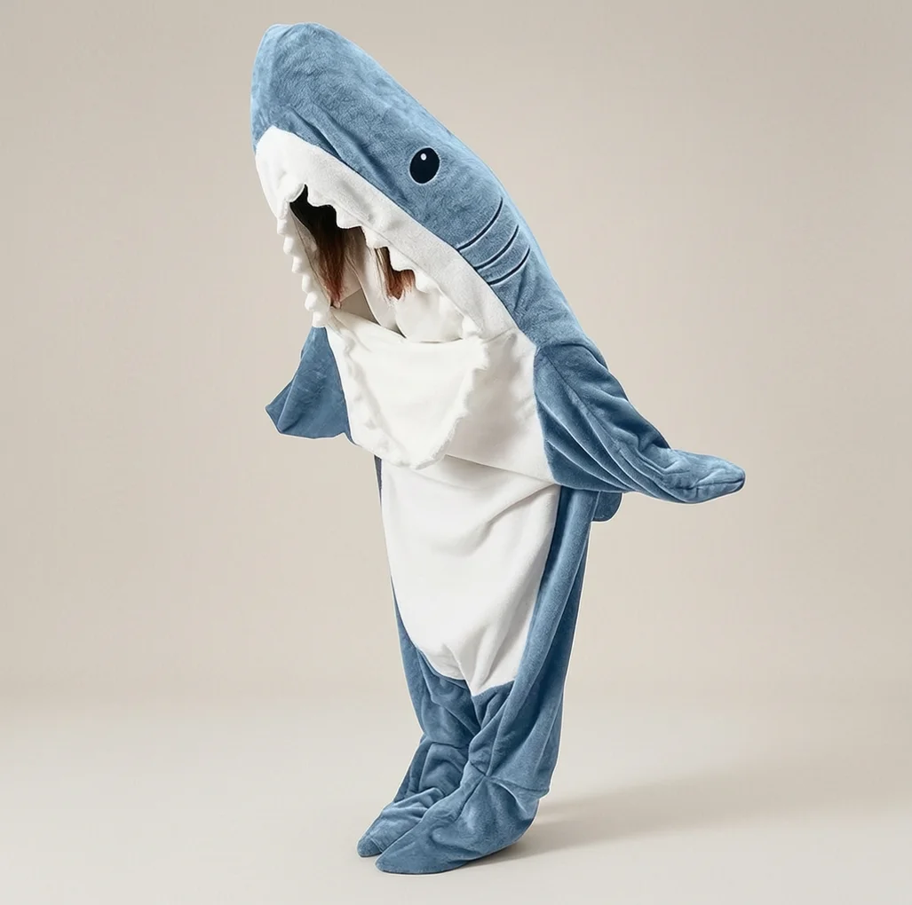Funny Shark Onesie Pajamas, Hooded Wearable Blanket Costume, Oversized Plush Fleece Adult Loungewear, Cozy Couples Matching Gift