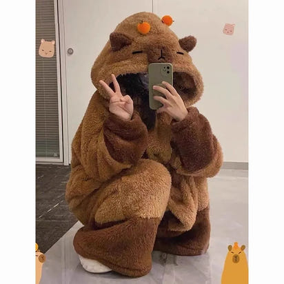 Capybara Onesie Pajamas, Hooded Wearable Blanket Robe, Oversized Plush Fleece Adult Loungewear, Cute Cozy Capybara Gift