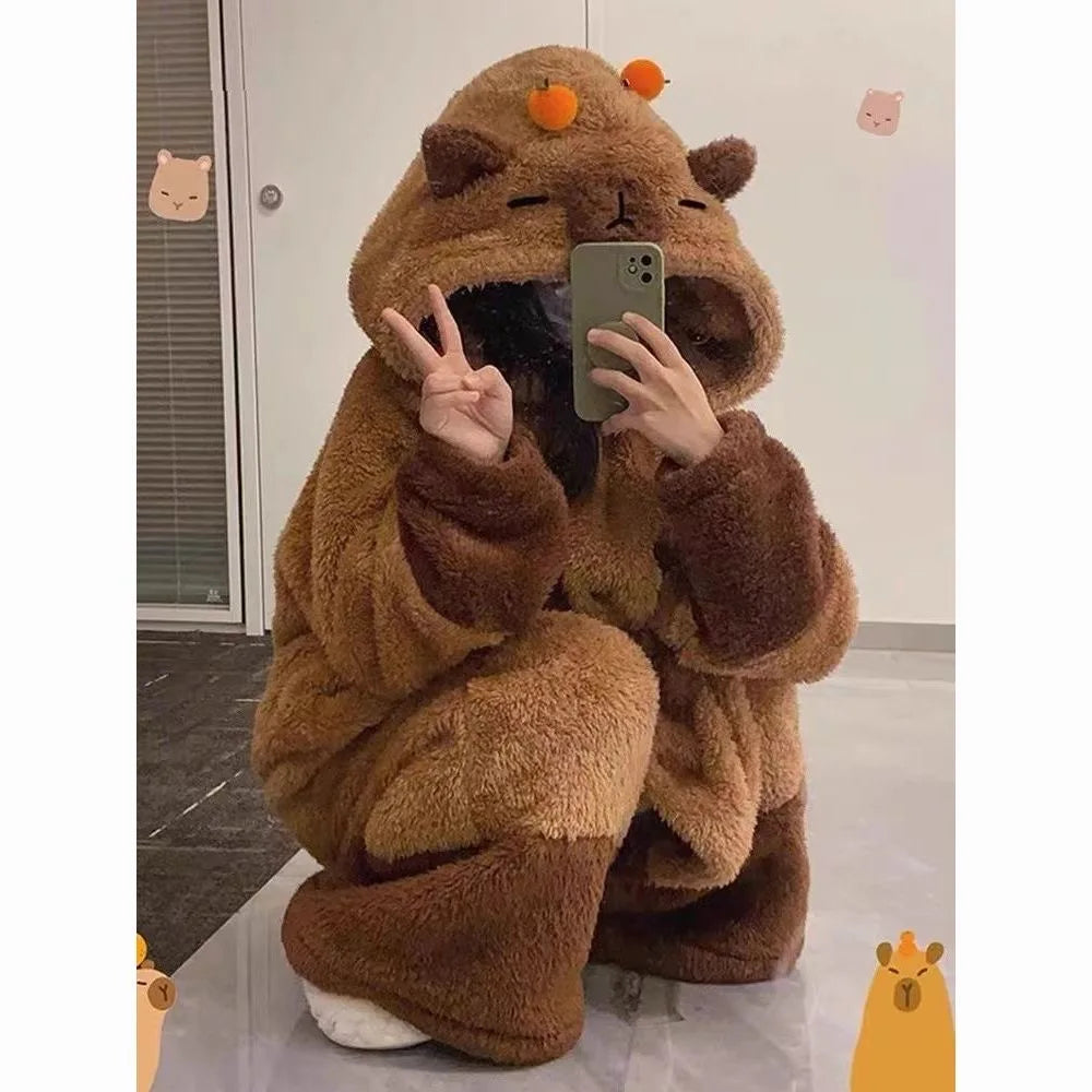 Capybara Onesie Pajamas, Hooded Wearable Blanket Robe, Oversized Plush Fleece Adult Loungewear, Cute Cozy Capybara Gift