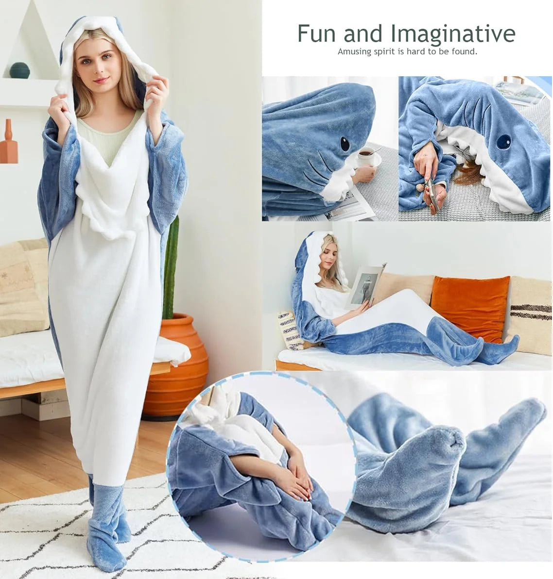 Funny Shark Onesie Pajamas, Hooded Wearable Blanket Costume, Oversized Plush Fleece Adult Loungewear, Cozy Couples Matching Gift
